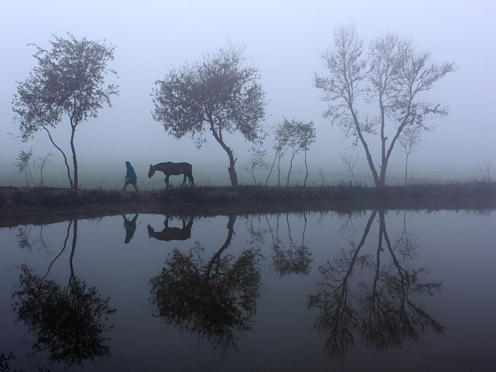 Picture of a man walking with a horse in Pakistan