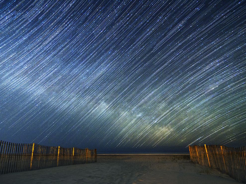 Picture of star trails over the Atlantic Ocean